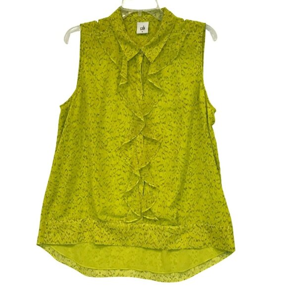 Cabi Sleeveless Blouse Ruffle Button Front Collared Women's Sz Large Chartreuse - Picture 1 of 14